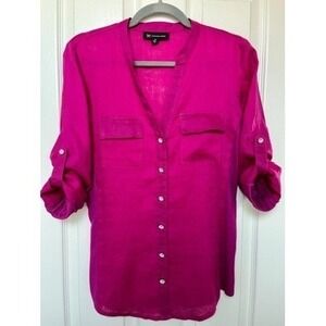 INC International Concepts Women's Pink Roll Tab Sleeve Button Up Shirt Size M‎